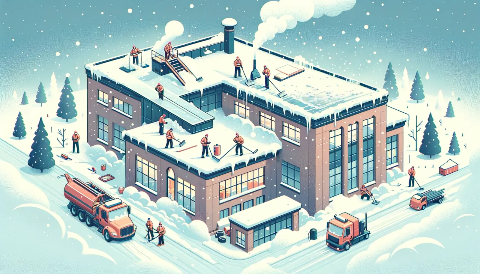 Image showing more than 11 roofers removing snow from the flat industrial roof of a company. There is a lot of snow accumulation, posing a risk to the building.